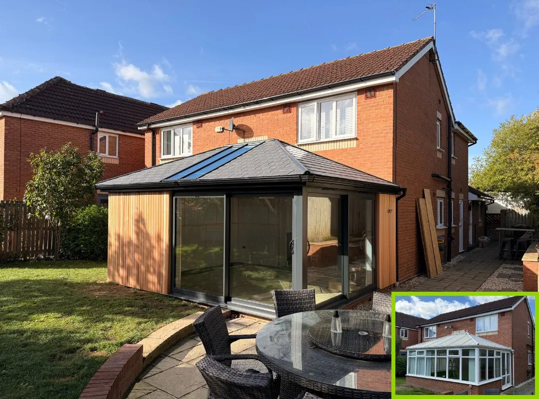 Conservatory with a lightweight tiled warm roof in slate grey